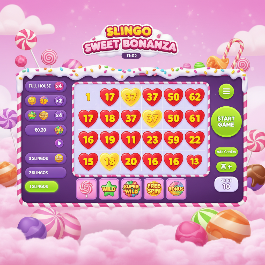 Slingo Sweet Bonanza παιχνίδι με 5x5 πλέγμα καραμελών, χρυσά καρδιάκια σύμβολα, lollipops και ζωηρά χρώματα ροζ, πράσινο, μωβ