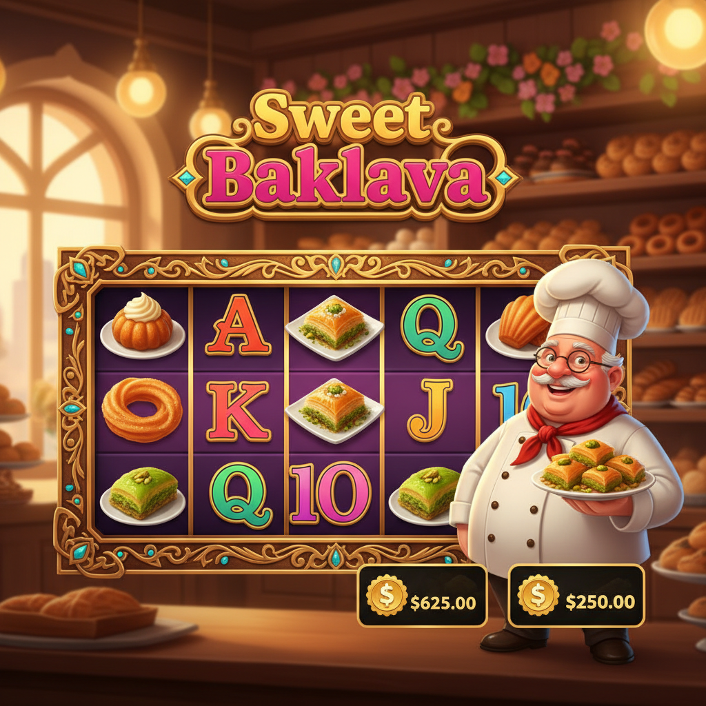 Sweet Baklava slot από Pragmatic Play με θέμα τούρκικο ζαχαροπλαστείο, σύμβολα μπακλαβά και γλυκίσματα, χαρακτήρας σεφ, χρυσό πλαίσιο κουλοχέρη