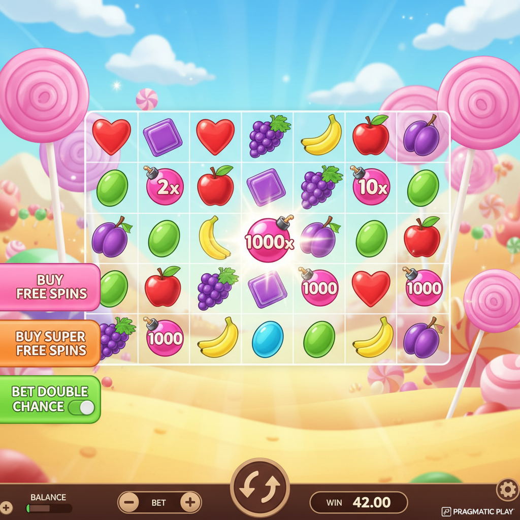 Sweet Bonanza 1000 slot με γλυκά, φρούτα, καρδιές, lollipops και multiplier bombs σε 6x5 grid