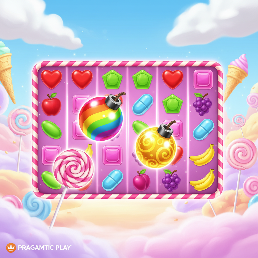 Sweet Bonanza 2500 slot με ζωηρά γλυκά σύμβολα, πολλαπλασιαστές βόμβες 2500x, lollipop scatter και πολύχρωμο candy τοπίο