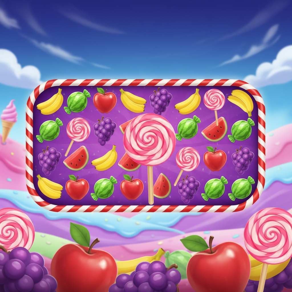 Sweet Bonanza κουλοχέρης με ζωηρά φρούτα, καραμέλες και lollipop scatter σύμβολα σε μωβ πλαίσιο με candy cane περίγραμμα