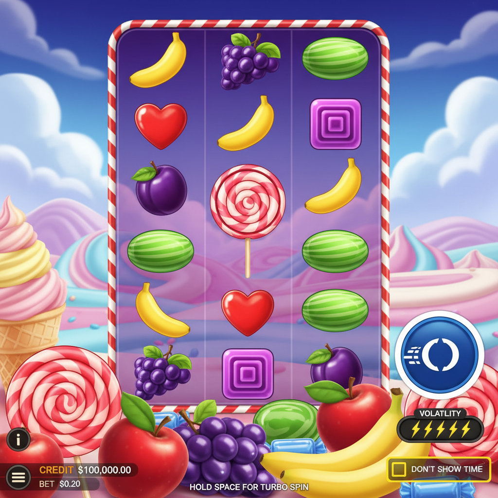 Sweet Bonanza slot με ζωηρά σύμβολα καραμελών, γλειφιτζούρια, φρούτα, μπανάνες, σταφύλια και καρδιές σε candy landscape φόντο