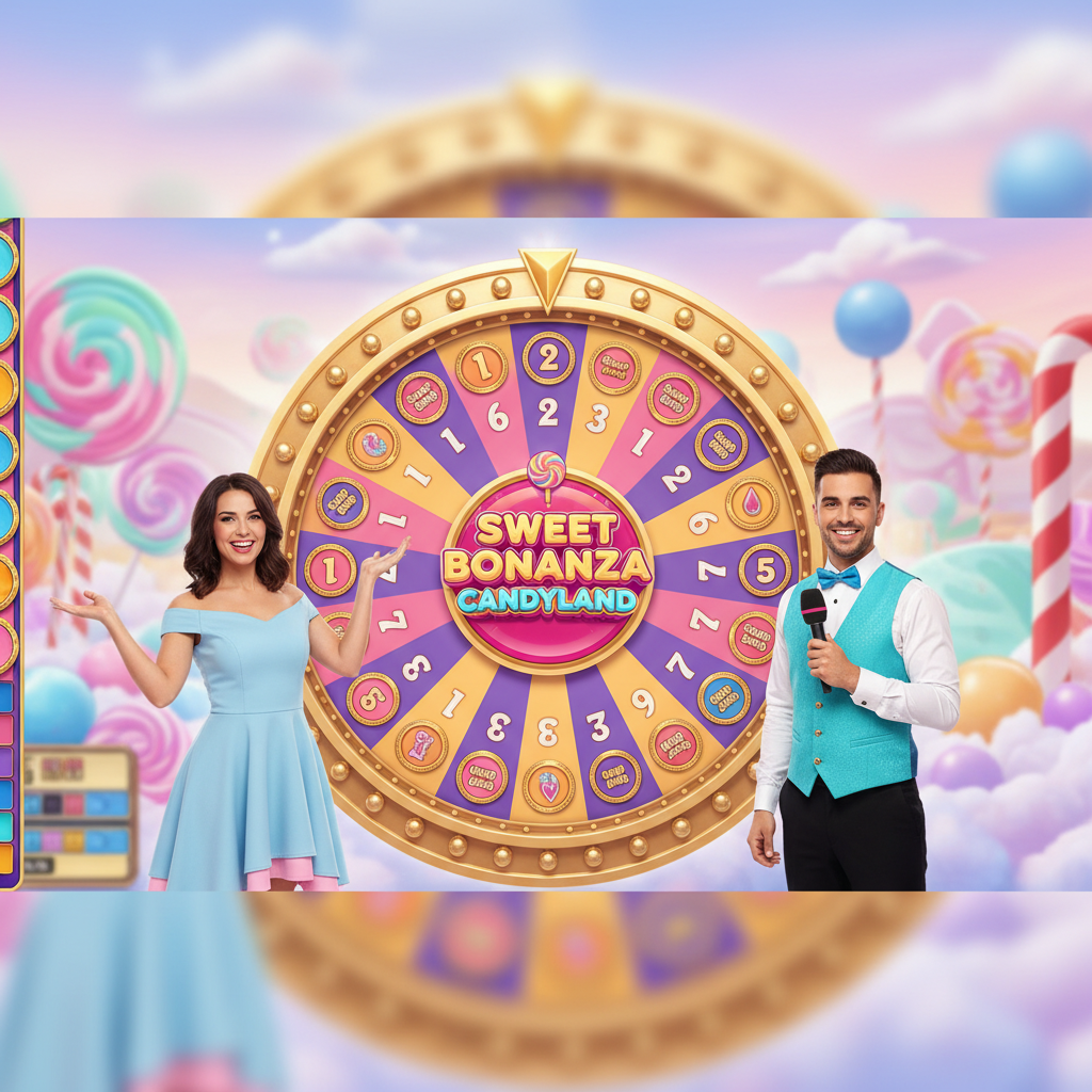 Sweet Bonanza CandyLand τροχός παιχνιδιού με παρουσιαστές, χρυσό πλαίσιο, τμήματα με αριθμούς 1 2 5 και bonus Sugar Bomb Sweet Spins Candy Drop σε γλυκό περιβάλλον με lollipops