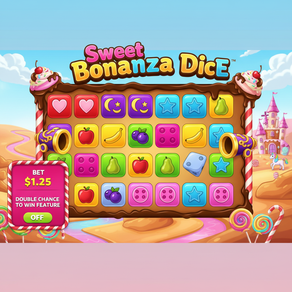 Sweet Bonanza Dice κουλοχέρης με πολύχρωμα ζάρια σε θέμα γλυκών, φρούτα και καραμέλες σε πλέγμα 6x5 με φανταστικό τοπίο από γλυκά