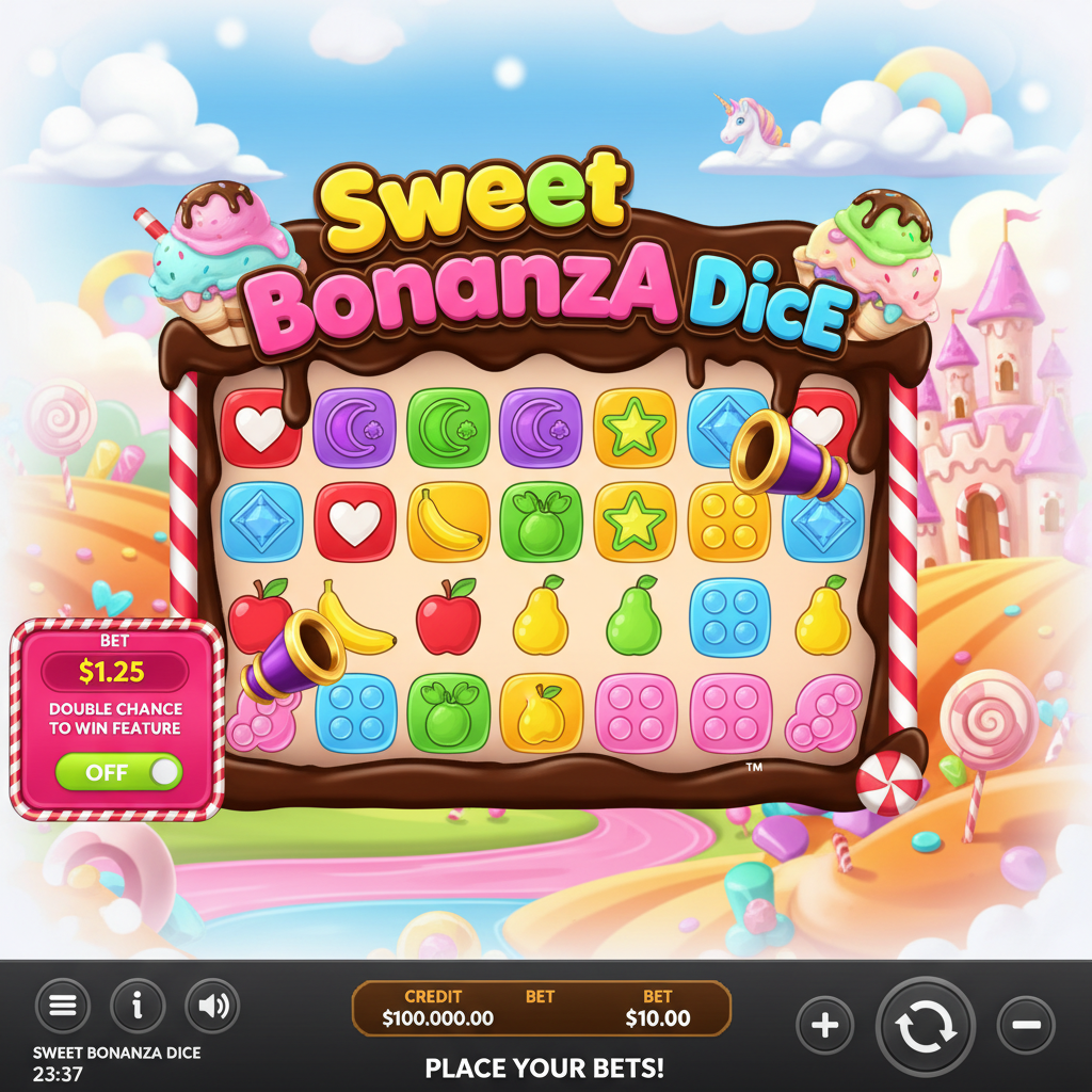 Sweet Bonanza Dice κουλοχέρης με ζάρια σε θέμα γλυκών, 6x5 πλέγμα με φρούτα, καραμέλες και scatter κανόνια