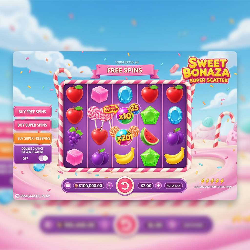 Sweet Bonanza Super Scatter slot με φρούτα, καραμέλες, lollipop scatter σύμβολα και 6x5 grid με ροζ candy cane πλαίσιο