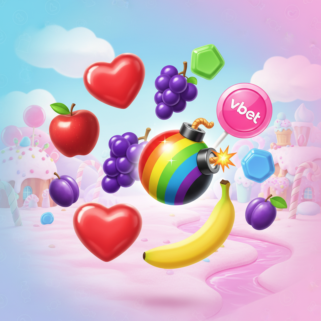 Sweet Bonanza Vbet slot με καραμέλες σε σχήμα καρδιάς, φρούτα μπανάνας σταφύλια μήλο και rainbow bomb πολλαπλασιαστή σε παστέλ ροζ γαλάζιο φόντο