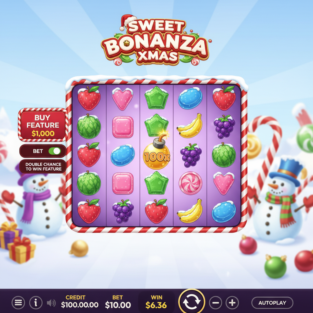 Sweet Bonanza Xmas χριστουγεννιάτικο φρουτάκι με καραμέλες, χιονισμένα φρούτα, lollipop scatter και χρυσή βόμβα πολλαπλασιαστή σε πλέγμα 6x5