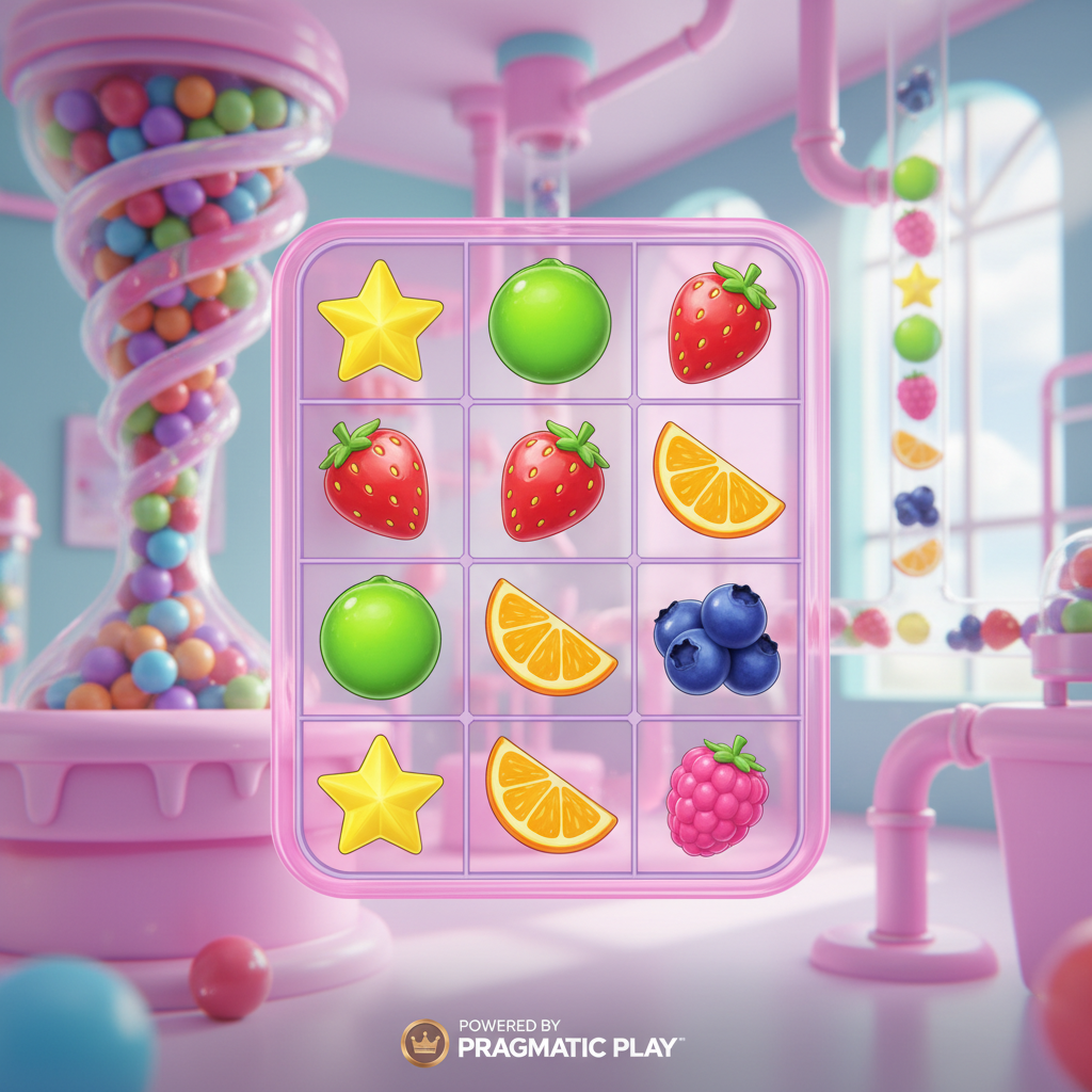Sweet Burst slot με πολύχρωμα καραμελένια σύμβολα, αστέρια, φράουλες, lime και μούρα σε εργαστήριο γλυκών με ροζ σωλήνες