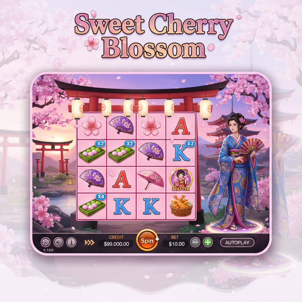 Sweet Cherry Blossom κουλοχέρης με ιαπωνικό κήπο, ανθισμένες κερασιές, παραδοσιακή πύλη torii και χαρακτήρα anime γκέισα σε πλέγμα 7x7