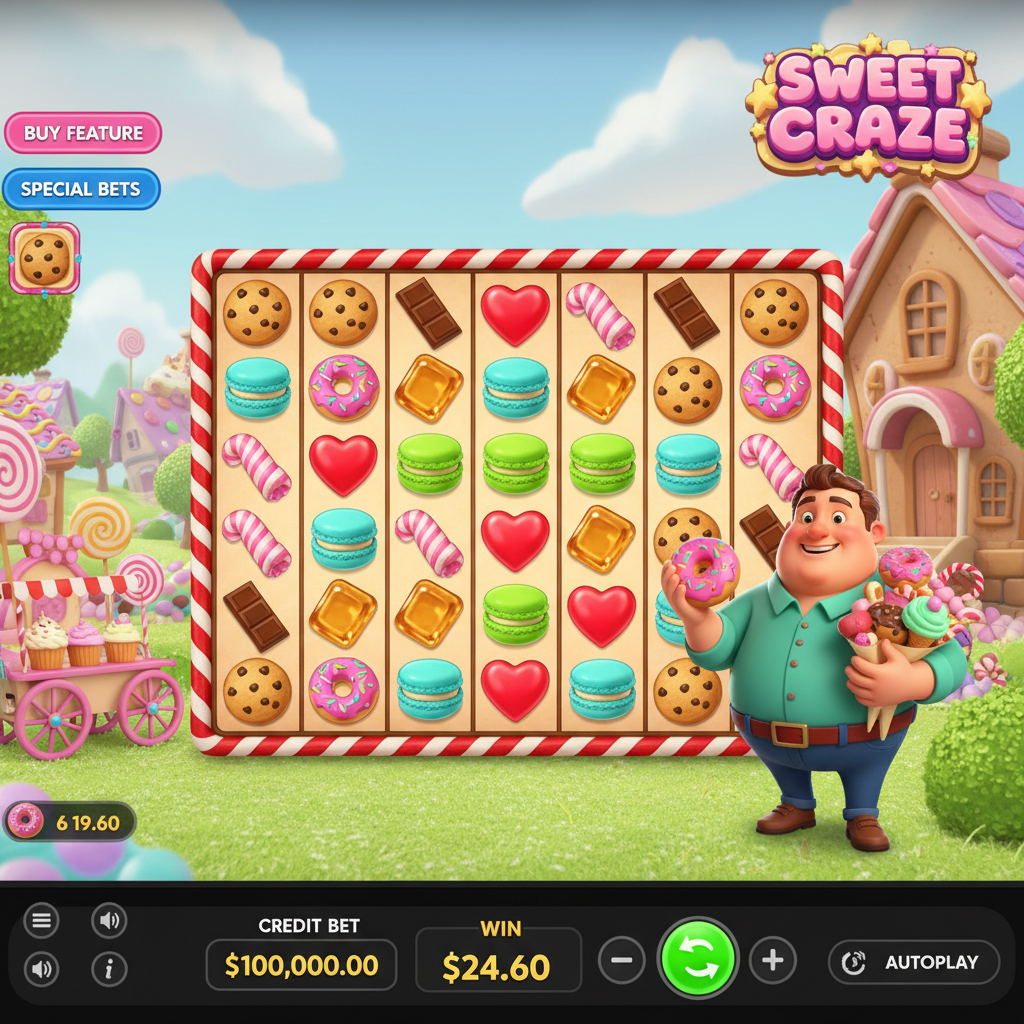 Sweet Craze slot από Pragmatic Play με ζωηρό κόσμο καραμελών, 7x7 πλέγμα με γλυκά σύμβολα, ντόνατς, μπισκότα, σοκολάτες και χαρούμενο χαρακτήρα mascot