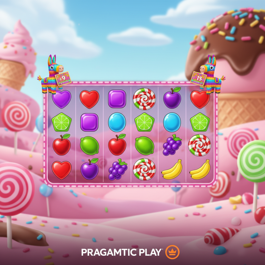 Sweet Fiesta slot game με γλυκά καραμέλες, φρούτα, lollipop scatter και πολύχρωμο pinata χαρακτήρα πολλαπλασιαστή σε κόσμο candy land