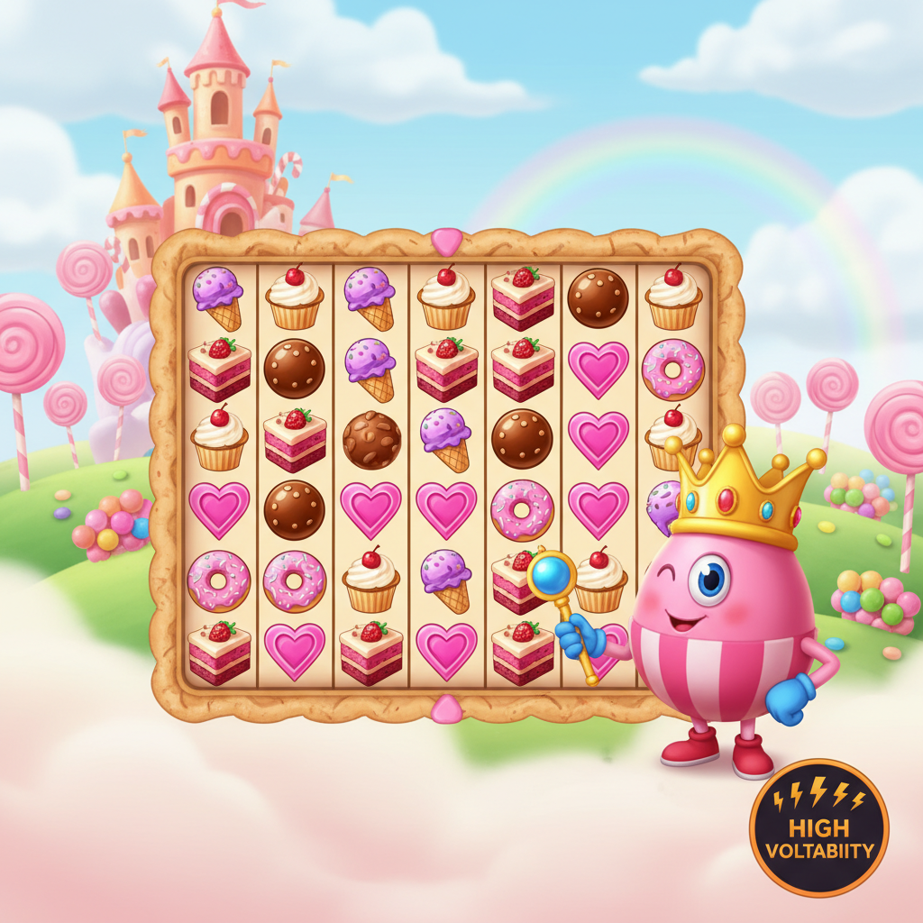 Sweet Kingdom φρουτάκι με 7x7 πλέγμα, candy σύμβολα, cupcakes, lollipops, donuts και ροζ κάστρο φόντο